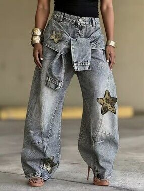 Women' High Waist Wide Leg Jeans -Retro Wide Pants with Fake 2pcs Tie & Leopard